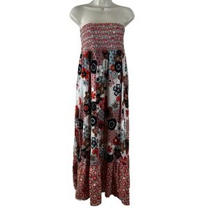 Moon Collection Womens Strapless Floral Patchwork Maxi Dress Cotton Red Blue M